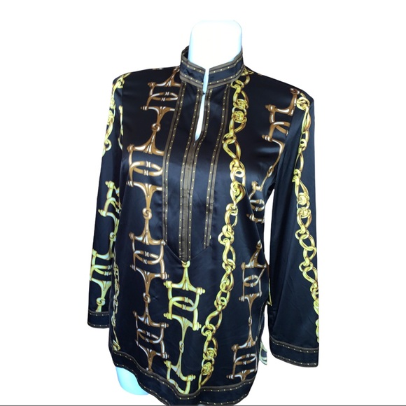 ECI New York Chain Print Satin Blouse Black Gold Long Sleeve Tunic Top 14 - Picture 14 of 16